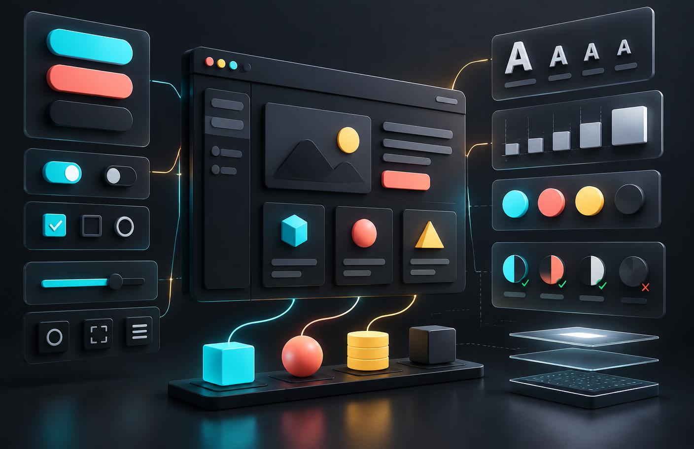 Three-dimensional interface component library with controls, typography, colors, and contrast checks
