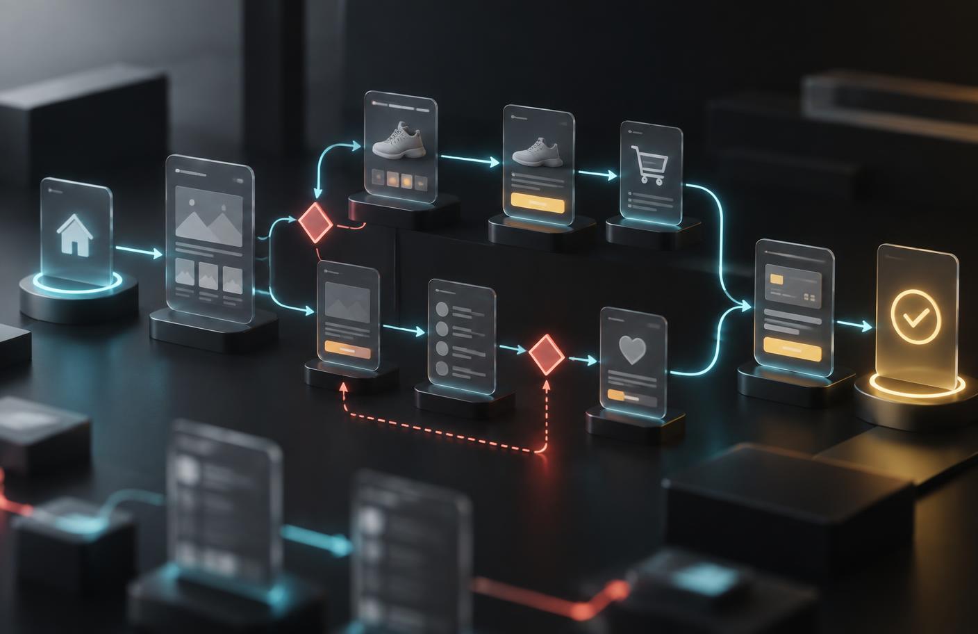 Three-dimensional branching user flow connecting product pages to a successful outcome