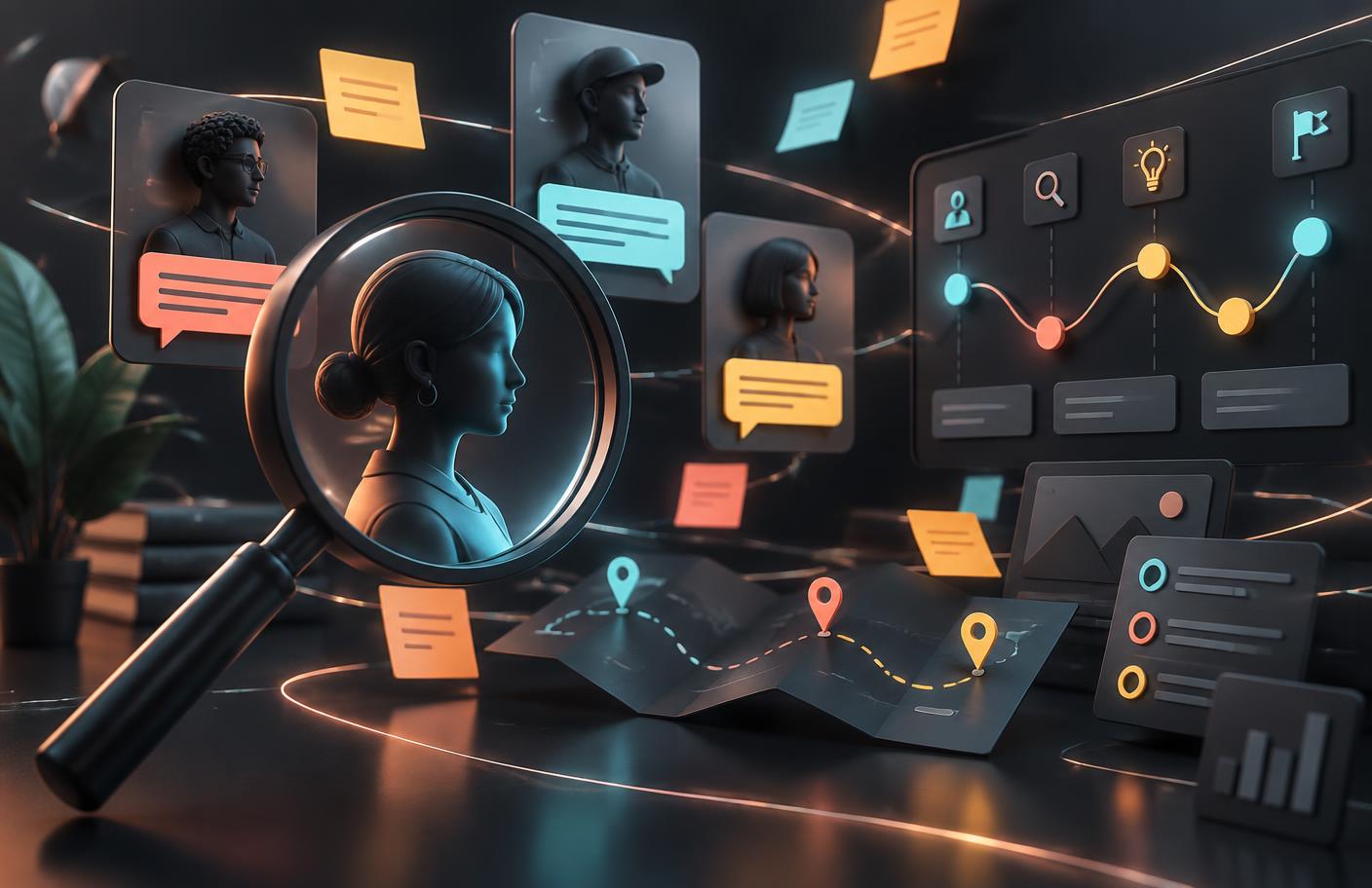 Three-dimensional UX research scene with user profiles, interview notes, and a journey map