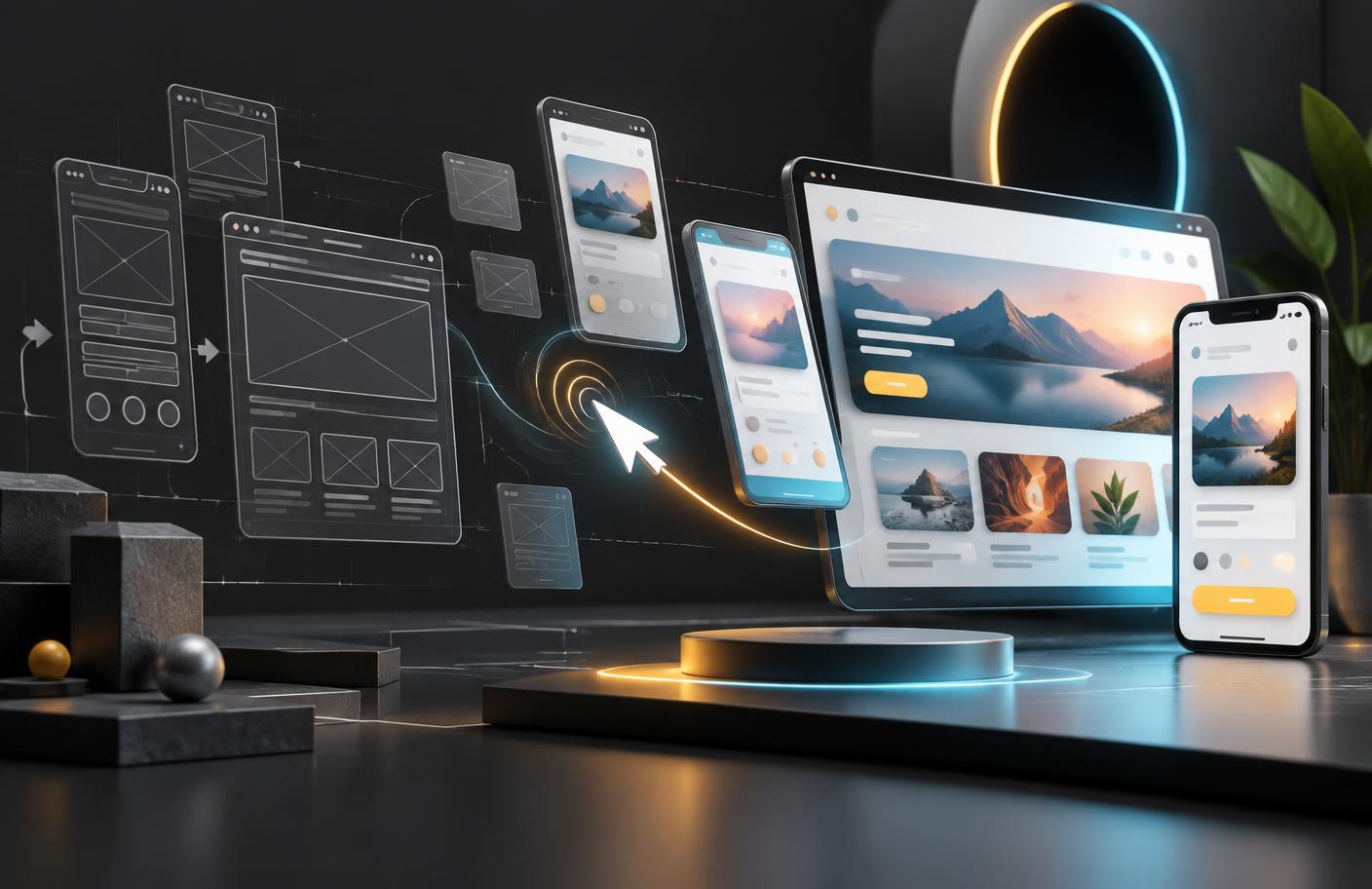 Three-dimensional wireframes transforming into finished mobile and desktop prototypes