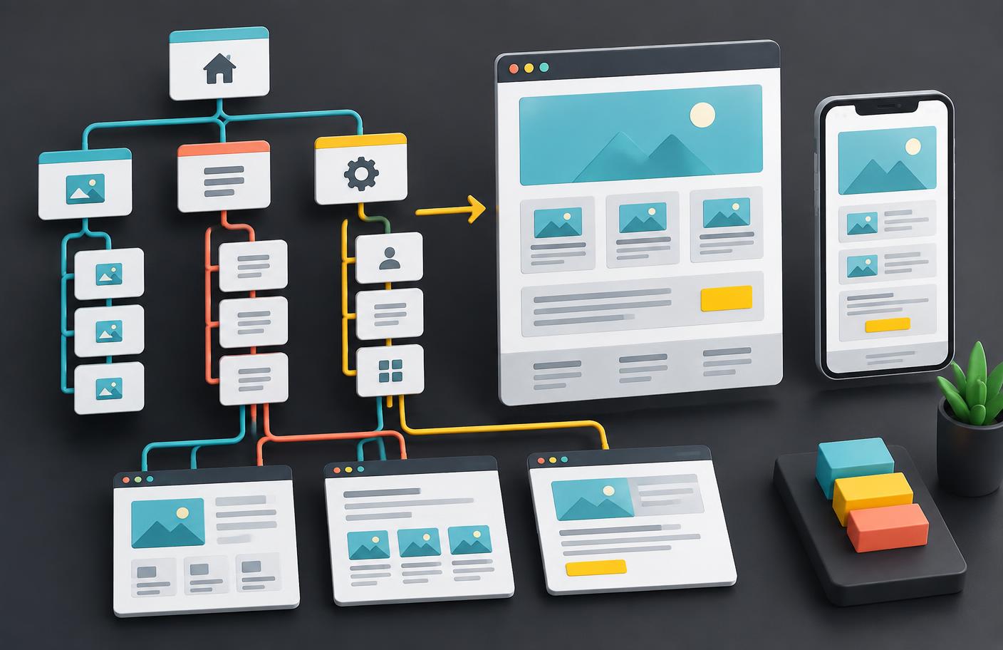 Conceptual 3D sitemap branching into desktop and mobile website layouts