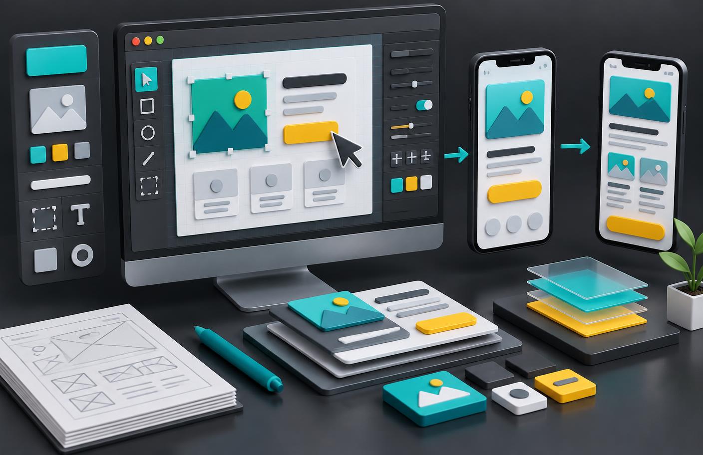 Conceptual 3D illustration of an editable design canvas becoming connected mobile prototypes