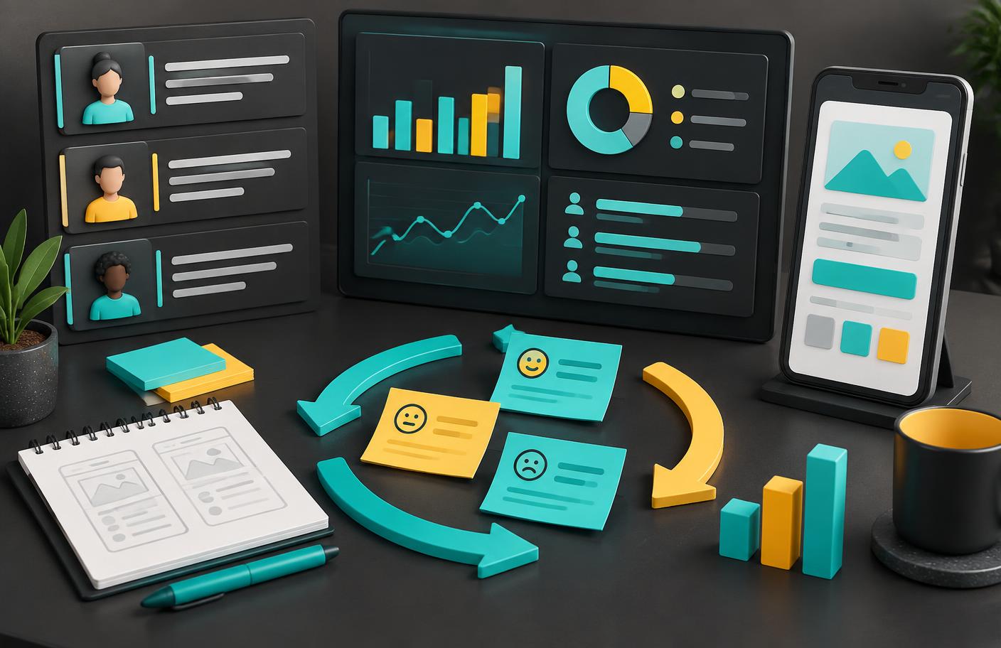 Conceptual 3D user research dashboard, participant feedback, and prototype connected in an iteration loop